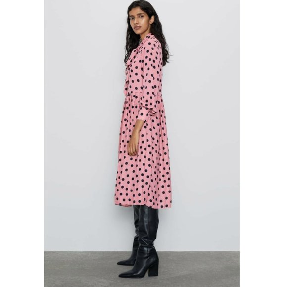 Zara Pleated Polka Dot Long Sleeve Dress w/ Neck Tie Pink/Black NWT. - Picture 7 of 9